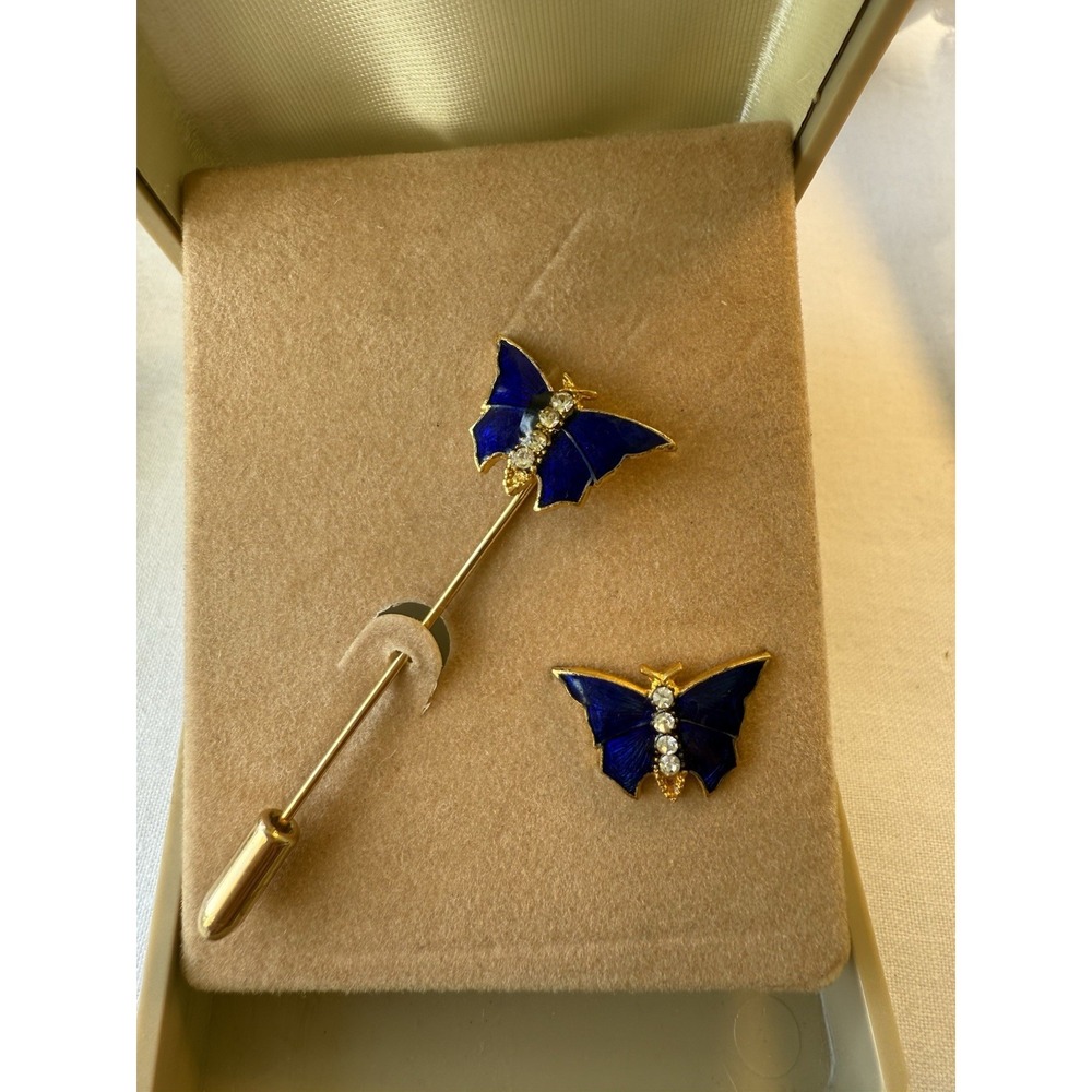 Vintage Set‎ of 2  Blue Enamel and rhinestones Butterfly Brooch Pin Gold Tone